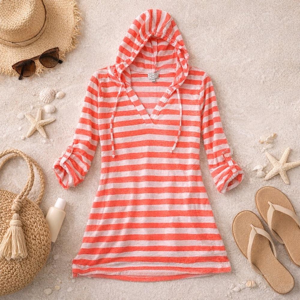 Balance Cover-Up Collection Neon Coral Stripe Hooded Swim Cover Up Tunic Medium - Picture 2 of 12